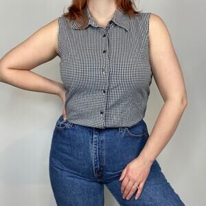 Vintage 90s Chadwick's Black & White Plaid Gingham Print Sleeveless Blouse